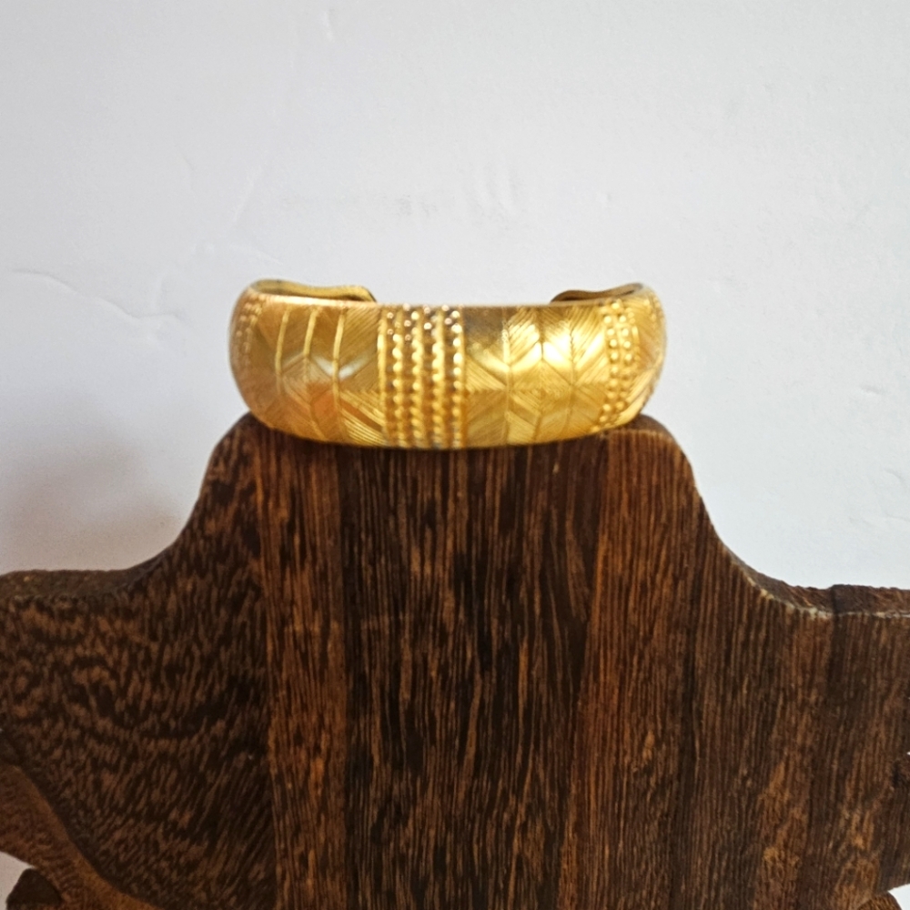 Gold Textured Cuff Bracelet Signed DIA